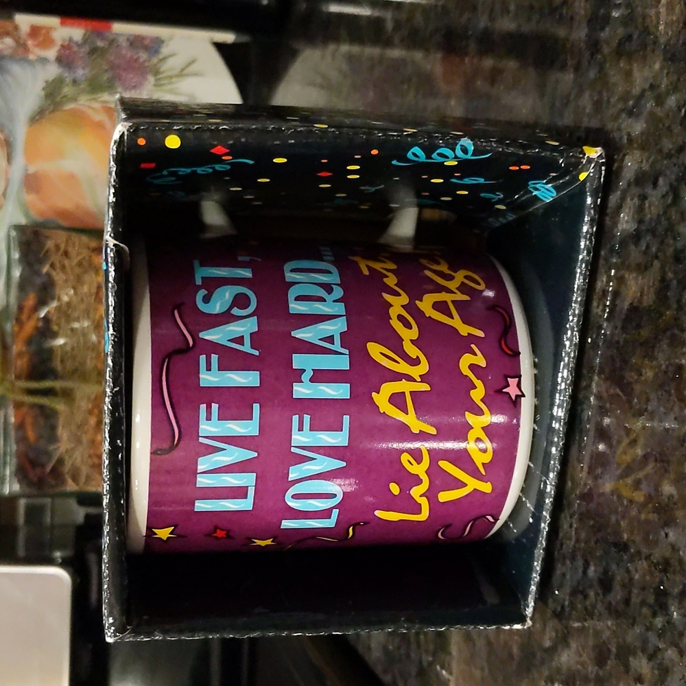 Live fast, Love hard... Lie about your age Coffee Tea Mug Mugz by Ganz